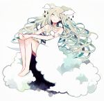  1girl bird clouds dress green_eyes green_hair hands_on_knees legs_folded light_smile long_hair looking_to_the_side original rain silhouette simple_background sitting solo tofuvi very_long_hair white_background 