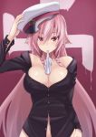  1girl biting breasts glove_biting glove_removed gloves hand_on_headwear hat large_breasts long_hair looking_at_viewer navel peaked_cap pink_eyes pink_hair pointy_ears sengoku_aky solo upper_body very_long_hair 