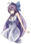  1girl blue_eyes dress hair_ribbon jewelry long_hair looking_at_viewer pendant ponytail purple_hair ribbon ryuugajou_nanana ryuugajou_nanana_no_maizoukin solo 