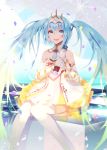  1girl :d bare_shoulders blue_eyes blue_hair hatsune_miku long_hair looking_at_viewer mingou91 open_mouth racequeen sitting smile solo tiara twintails umbrella vocaloid 
