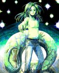  1boy boots evra_von green_eyes green_hair long_hair outstretched_arm scales smile snake solo star the_saga_of_darren_shan topless 