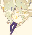  1boy bird blonde_hair crescent dove expressionless highres looking_to_the_side original personification sepia shirt simple_background star tagme tofuvi white_background white_shirt wide_sleeves 