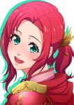  1girl :d aduti_momoyama aqua_eyes armor asymmetrical_hair drop_shadow eyelashes fire_emblem fire_emblem:_mystery_of_the_emblem fire_emblem_heroes hair_intakes highres lips looking_at_viewer medium_hair norne_(fire_emblem) open_mouth pink_lips ponytail red_armor red_scarf redhead round_teeth scarf shoulder_armor smile solo teeth upper_body upper_teeth white_background 
