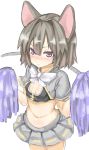  1girl absurdres alternate_costume animal_ears breasts capelet cheerleader cleavage embarrassed from_above grey_hair hair_between_eyes highres masuo midriff miniskirt mouse_ears mouse_tail nazrin pleated_skirt pom_poms red_eyes short_sleeves skirt small_breasts solo tail touhou tsundere 