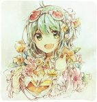  1girl flower goggles goggles_on_head green_eyes green_hair gumi happy_birthday hazakura_chikori looking_at_viewer open_mouth short_hair smile solo traditional_media vocaloid watercolor_(medium) wrist_cuffs 