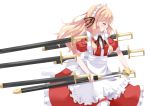  1girl apron blonde_hair bow dress frills long_hair maid_headdress nanatuki13 profile puffy_sleeves red_dress ribbon short_sleeves simple_background smile solo sword touhou touhou_(pc-98) waist_apron weapon white_background yumeko 