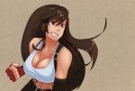  1girl bared_teeth black_hair breasts brown_eyes cleavage clenched_hand elbow_gloves fang final_fantasy final_fantasy_vii fingerless_gloves gloves large_breasts lips long_hair low-tied_long_hair midriff navel pencil_skirt skirt solo suspenders tifa_lockhart whistle_frog 