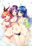  3girls :d absurdres arm_around_shoulder bikini black_bikini blue_eyes blue_hair blush bow breasts collarbone ears flower hair_bow hair_flower hair_ornament highres hoshizora_rin jacket jewelry large_breasts long_hair looking_at_viewer love_live!_school_idol_project miwabe_sakura multiple_girls navel necklace open_clothes open_jacket open_mouth orange_hair purple_hair red_bikini short_hair side-tie_bikini smile sonoda_umi standing strap_gap strapless string_bikini striped striped_bikini striped_swimsuit swimsuit toujou_nozomi tubetop twintails water water_droplets white_bikini white_swimsuit yellow_eyes 