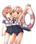  2girls a-lapin blonde_hair blue_eyes brown_eyes brown_hair crop_top flower hair_flower hair_ornament highres i-58_(kantai_collection) kantai_collection lifebuoy long_hair multiple_girls one-piece_tan ro-500_(kantai_collection) sailor_collar school_swimsuit school_uniform serafuku short_hair swimsuit swimsuit_under_clothes tan tanline 