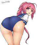  1girl :o ahoge artist_name ass bent_over blush don_(29219) hair_ornament hairclip i-168_(kantai_collection) kantai_collection leaning leaning_forward long_hair looking_back open_mouth pink_hair ponytail red_eyes school_swimsuit school_uniform serafuku simple_background solo solo_focus swimsuit swimsuit_under_clothes twitter_username white_background 