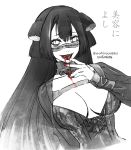  1girl blood blood_in_mouth blood_on_face breasts choker cleavage collarbone large_breasts long_hair long_sleeves nutcracker_(tokyo_ghoul) slit_pupils smile solo tokyo_ghoul tokyo_ghoul:re touyama_maki twitter_username upper_body white_background 