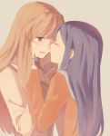  2girls bangs blue_hair cheek_kiss fujino_shizuru hands_on_another&#039;s_face kiss kuga_natsuki long_hair long_sleeves multiple_girls my-hime open_mouth red_eyes simple_background tears tuhut upper_body yuri 