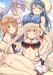  4girls akebono_(kantai_collection) bare_shoulders bikini blonde_hair blue_eyes blue_hair blush breast_rest breasts brown_eyes brown_hair choker feesu_(rinc7600) hair_over_one_eye hairband hat highres kantai_collection large_breasts lavender_hair long_hair low_twintails multiple_girls murasame_(kantai_collection) navel red_eyes shiratsuyu_(kantai_collection) side_glance side_ponytail skirt swimsuit twintails ushio_(kantai_collection) yellow_eyes 