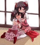 2girls blush bow bun_cover closed_eyes commentary_request crying dress dual_persona gloves hair_bow hair_ornament hairpin hug love_live!_school_idol_project multiple_girls red_shoes shikei_(jigglypuff) shoes strapless_dress twintails white_gloves white_legwear yazawa_nico 