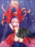  1girl bare_shoulders black_legwear blush breasts center_opening cleavage detached_sleeves elbow_gloves fingerless_gloves fujimoto_yuu gloves guilty_crown hair_ornament hairclip long_hair looking_at_viewer navel open_mouth pink_hair red_eyes solo thigh-highs twintails yuzuriha_inori 