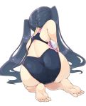  1girl ass black_hair competition_swimsuit feet from_behind long_hair naka_akira one-piece_swimsuit original school_uniform simple_background solo swimsuit toes twintails white_background 