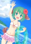  1girl absurdres animal_ears arm_up bare_arms bare_shoulders bikini bikini_top blue_sky blush chinoru clouds collarbone dutch_angle fang floral_print flower green_eyes green_hair hair_flower hair_ornament highres innertube kasodani_kyouko midriff miniskirt navel ocean open_mouth short_hair skirt sky smile solo swimsuit tail touhou water 