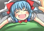  1girl bed_sheet blue_hair bow cirno gaoo_(frpjx283) hair_bow hug looking_at_viewer pov red_bow smile touhou wings 