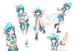  1girl absurdres ade-nyungsep ahoge barefoot blue_eyes blue_hair character_sheet hair_ornament highres open_mouth original pose short_hair smile solo sunglasses traditional_clothes 
