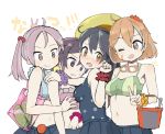  4girls akebono_(kantai_collection) bag black_hair brown_eyes brown_hair bucket crab hat highres kantai_collection long_hair multiple_girls oboro_(kantai_collection) one_eye_closed pink_eyes pink_hair purple_hair sazanami_(kantai_collection) short_hair side_ponytail smile straw_hat swimsuit tamatama_(nekokalpis) twintails ushio_(kantai_collection) v 