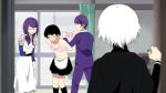  1girl 3boys black_hair bra danshi_koukousei_no_nichijou dress formal glasses kamishiro_rize kaneki_ken maid multiple_boys parody purple_hair suit tokyo_ghoul tsukiyama_shuu underwear white_dress white_hair 