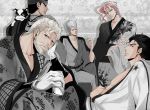  anan_(akatsuki_me) animal_on_shoulder beard black_hair bottle cigarette crossed_arms dog drinking_straw earrings facial_hair facial_mark floral_background floral_print gloves grey_hair headband highres iggy_(jojo) jean_pierre_polnareff jewelry jojo_no_kimyou_na_bouken joseph_joestar kakyouin_noriaki kuujou_joutarou mohammed_avdol mouth_hold pink_hair ponytail robe striped white_gloves white_hair 