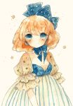  ano_(petit) arms_at_sides blonde_hair blue_eyes breasts bubble_skirt choker cleavage cleavage_cutout curly_hair dress frilled_sleeves frills frown hair_ornament looking_at_viewer original puffy_sleeves ribbon ribbon_choker skirt star star_print striped striped_dress 