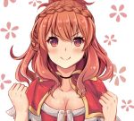  &gt;:) 1girl blush braid breasts capelet claudia_(sennen_sensou_aigis) cleavage clenched_hands looking_at_viewer qunqing red_eyes redhead sennen_sensou_aigis upper_body white_background 