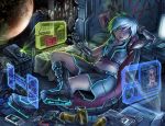  1girl arm_behind_head armpits barefoot bed bed_sheet bionic blue_eyes blue_hair breasts cable can chair cockpit crossed_legs cyborg full_body graffiti holographic_interface holographic_keyboard holographic_monitor indoors long_hair maxa&#039; mechanical_arm mechanical_parts midriff navel open_mouth original pen pillow planet prosthesis prosthetic_arm signature sitting skirt skull_and_crossbones small_breasts soles solo space window 