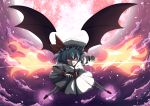  1girl absurdres ascot bat_wings blue_hair clenched_teeth clouds cloudy_sky dress frilled_dress frills full_moon hat highres looking_at_viewer moon red_eyes red_moon remilia_scarlet short_hair sky slit_pupils solo star_(sky) starry_sky touhou uzura_purin wings wrist_cuffs 