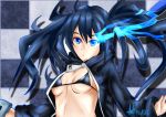  1girl absurdres ade-nyungsep artist_name bikini_top black_hair black_rock_shooter black_rock_shooter_(character) blue_eyes breasts glowing glowing_eye highres jacket long_hair open_clothes open_jacket solo twintails 