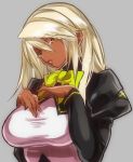  1girl alternate_costume blonde_hair breasts dark_skin grey_background guilty_gear guilty_gear_xrd highres hohehohe long_hair looking_at_viewer parted_lips ramlethal_valentine ribbon simple_background solo yellow_eyes 