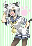  1girl animal_ears artist_request black_legwear blue_eyes blush breasts cat_paw fake_animal_ears fake_animal_tail gloves hair_ornament hair_over_one_eye hairband hairclip hamakaze_(kantai_collection) kantai_collection kemonomimi_mode large_breasts looking_to_the_side open_mouth pantyhose pleated_skirt school_uniform serafuku short_hair silver_hair skirt solo striped striped_background white_gloves 
