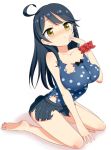  1girl black_hair breasts brown_eyes cleavage kantai_collection kemu_(pixiv463430) long_hair one-piece_swimsuit polka_dot polka_dot_swimsuit sitting skirt solo swimsuit tears torn_clothes torn_skirt torn_swimsuit ushio_(kantai_collection) 