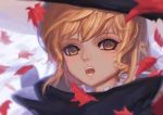  1girl blonde_hair blurry depth_of_field eyebrows eyelashes face hat kirisame_marisa leaf lips long_hair maple_leaf nose open_mouth pink_lips simple_background solo sparrow_(xici9527) teeth tongue touhou white_background yellow_eyes 