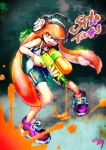  1girl bike_shorts bloom copyright_name deadman3104 halftone headphones highres inkling orange_eyes orange_hair paint_splatter shoes signature sketch sneakers solo splatoon standing super_soaker tagme tentacle_hair tongue tongue_out 