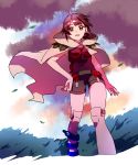  1girl ankea_(a-ramo-do) anklet black_hair cloak clouds cloudy_sky hand_on_hip higana_(pokemon) highres jewelry looking_at_viewer open_mouth over-kneehighs pokemon pokemon_(game) pokemon_oras red_eyes short_hair short_ponytail short_shorts shorts shoulder_pads sky smile solo thigh-highs wind 