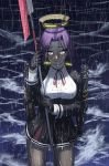  glaive gloves headgear kantai_collection mechanical_halo ocean purple_hair rain school_uniform short_hair smile tatsuta_(kantai_collection) violet_eyes yue_(yueanh) 