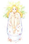  1girl barefoot bathtub blonde_hair blue_eyes bubble flower foam highres legs long_hair nude original solo white_background 