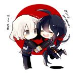  2boys ahoge armor black_hair chibi closed_eyes honebami_toushirou japanese_armor male_focus military military_uniform mm_(miryii) multiple_boys namazuo_toushirou open_mouth ponytail smile sode sword touken_ranbu translation_request uniform violet_eyes wakizashi weapon white_hair 