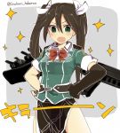  1girl brown_hair gloves green_eyes hair_ribbon hands_on_hips kantai_collection long_hair nozomu144 remodel_(kantai_collection) ribbon smile tone_(kantai_collection) twintails 