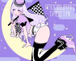  1girl checkered checkered_flag fake_nails flag hat high_heels highres hohehohe long_hair nail_polish original purple_nails short_hair silver_hair solo thigh-highs violet_eyes 