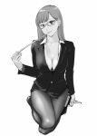  1girl breasts cleavage derivative_work formal glasses kneeling leaning_forward long_hair miniskirt monochrome original pantyhose pointer skirt skirt_suit solo suit ueyama_michirou 