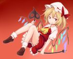  1girl ascot blonde_hair bow flandre_scarlet hat hat_bow laevatein miyo_(ranthath) red_eyes sash side_ponytail solo touhou wings 