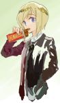  1girl blonde_hair candy_wrapper chocolate chocolate_bar erica_hartmann hand_in_pocket holding homaredai lavender_eyes long_sleeves short_hair solo strike_witches 