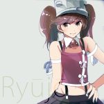  1girl :3 alternate_costume bare_shoulders brown_eyes brown_hair character_name grey_background groin hand_on_hip hat kantai_collection looking_at_viewer navel pleated_skirt ryuujou_(kantai_collection) simple_background skirt sleeveless solo suspenders tbd11 twintails 
