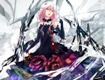  1girl bare_shoulders detached_sleeves guilty_crown hair_ornament hairclip lace-trimmed_dress long_hair looking_at_viewer open_mouth pink_hair red_eyes solo tanikku twintails yuzuriha_inori 