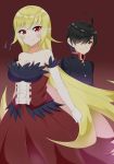  1boy 1girl araragi_koyomi bakemonogatari black_hair blonde_hair elbow_gloves gakuran gloves hair_over_one_eye kiss-shot_acerola-orion_heart-under-blade long_hair monogatari_(series) pointy_ears red_eyes school_uniform short_hair yamae_saki 