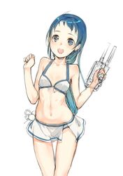  1girl bikini bikini_skirt blue_eyes blue_hair blush branch_(blackrabbits) cowboy_shot gun kantai_collection long_hair looking_at_viewer navel open_mouth samidare_(kantai_collection) simple_background smile solo swimsuit weapon white_background white_bikini white_swimsuit 