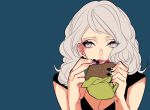  1girl black_nails blue_background breasts cleavage fake_nails food grey_eyes grey_hair hamburger hohehohe lipstick long_hair makeup nail_polish original parted_lips simple_background smeared_lipstick solo wrapper 